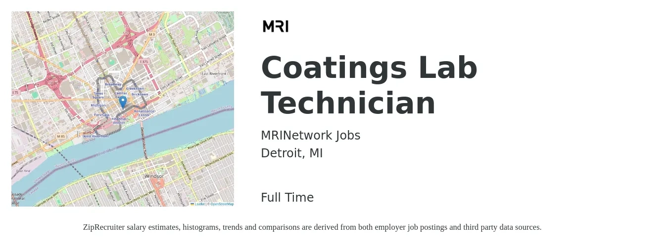 MRINetwork Jobs job posting for a Coatings Lab Technician in Detroit, MI with a salary of $19 to $25 Hourly with a map of Detroit location.