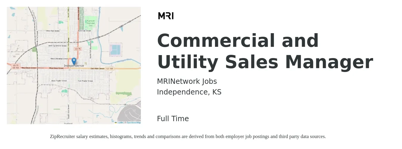 MRINetwork Jobs job posting for a Commercial and Utility Sales Manager in Independence, KS with a salary of $54,400 to $98,800 Yearly with a map of Independence location.