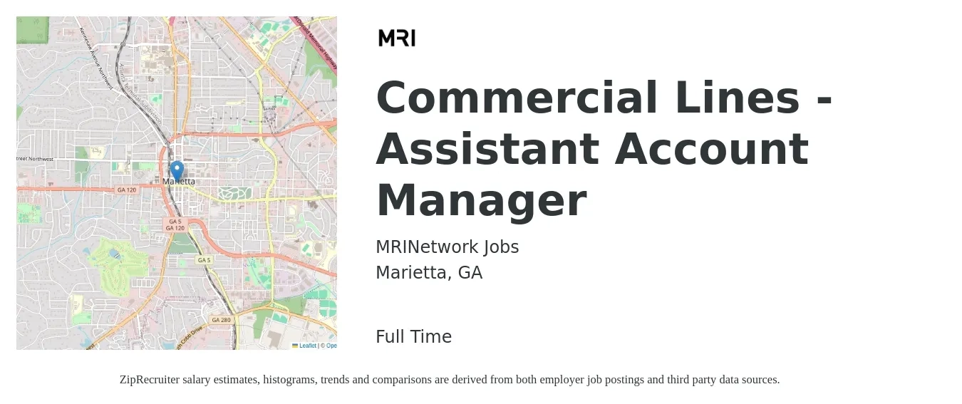 MRINetwork Jobs job posting for a Commercial Lines - Assistant Account Manager in Marietta, GA with a salary of $52,400 to $76,100 Yearly with a map of Marietta location.