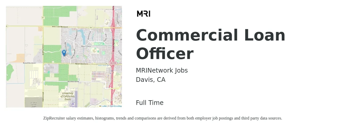 MRINetwork Jobs job posting for a Commercial Loan Officer in Davis, CA with a salary of $84,600 to $123,200 Yearly with a map of Davis location.