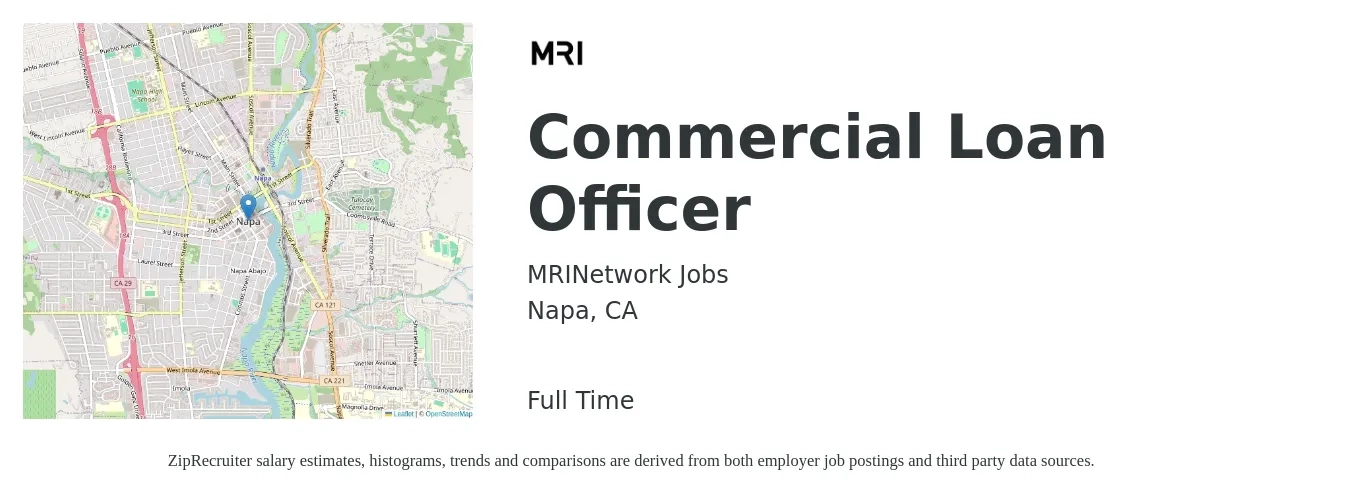MRINetwork Jobs job posting for a Commercial Loan Officer in Napa, CA with a salary of $104,100 to $151,600 Yearly with a map of Napa location.