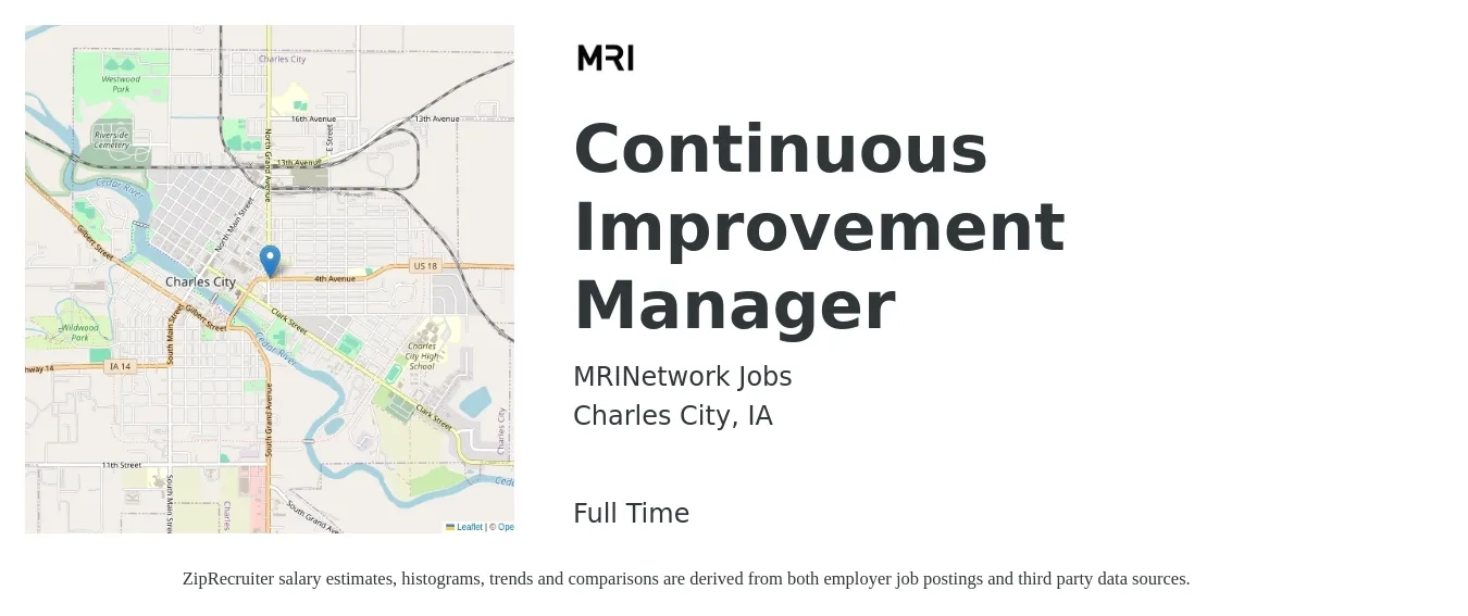 MRINetwork Jobs job posting for a Continuous Improvement Manager in Charles City, IA with a salary of $85,600 to $115,100 Yearly with a map of Charles City location.