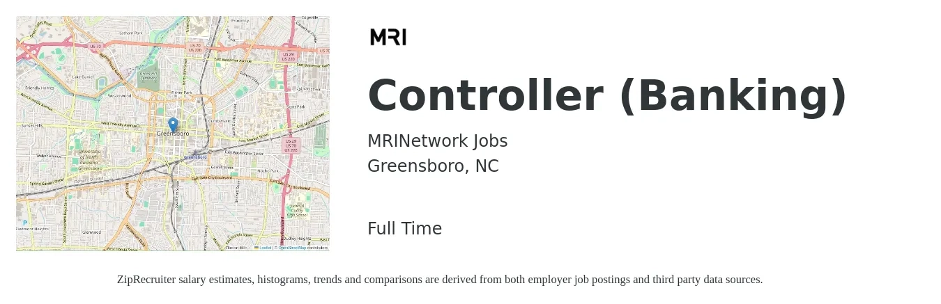 MRINetwork Jobs job posting for a Controller (Banking) in Greensboro, NC with a salary of $94,000 to $134,200 Yearly with a map of Greensboro location.