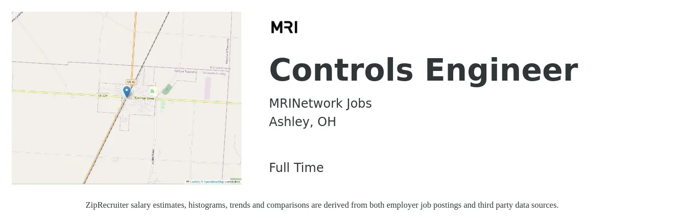 MRINetwork Jobs job posting for a Controls Engineer in Ashley, OH with a salary of $85,200 to $110,200 Yearly with a map of Ashley location.