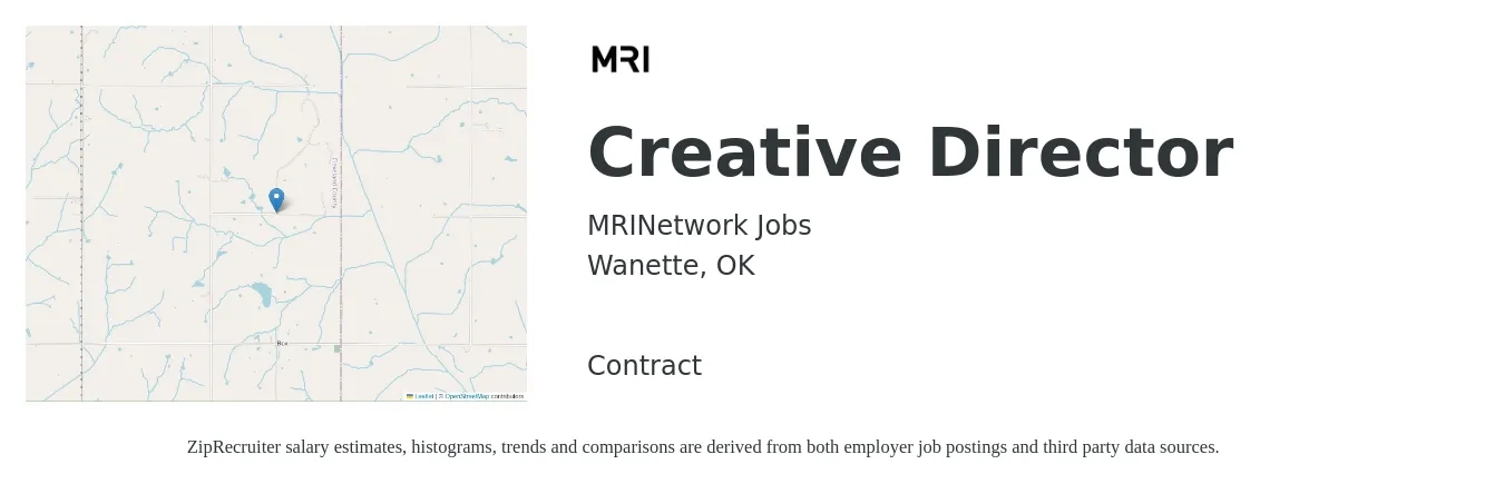 MRINetwork Jobs job posting for a Creative Director in Wanette, OK with a salary of $86,600 to $132,300 Yearly with a map of Wanette location.