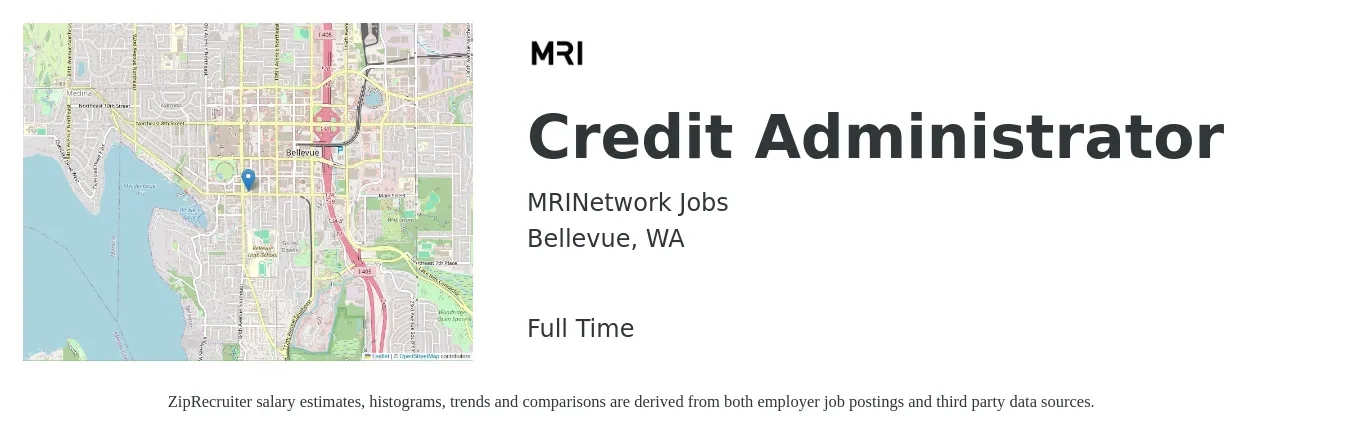 MRINetwork Jobs job posting for a Credit Administrator in Bellevue, WA with a salary of $50,500 to $120,700 Yearly with a map of Bellevue location.
