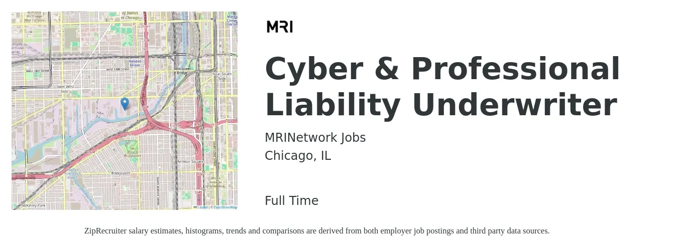 MRINetwork Jobs job posting for a Cyber & Professional Liability Underwriter in Chicago, IL with a salary of $50,000 to $69,600 Yearly with a map of Chicago location.