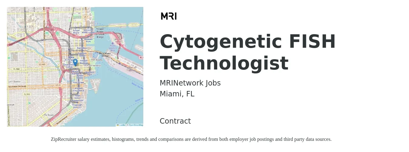 MRINetwork Jobs job posting for a Cytogenetic FISH Technologist in Miami, FL with a salary of $28 to $33 Hourly with a map of Miami location.