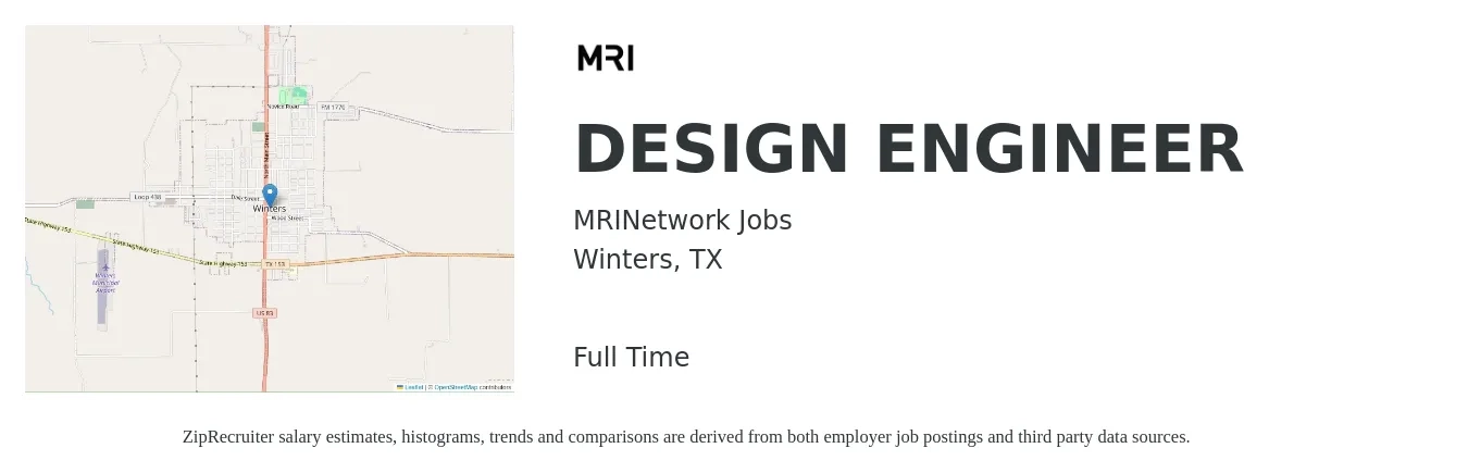 MRINetwork Jobs job posting for a DESIGN ENGINEER in Winters, TX with a salary of $64,700 to $93,700 Yearly with a map of Winters location.