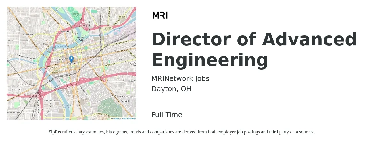 MRINetwork Jobs job posting for a Director of Advanced Engineering in Dayton, OH with a salary of $137,500 to $245,900 Yearly with a map of Dayton location.
