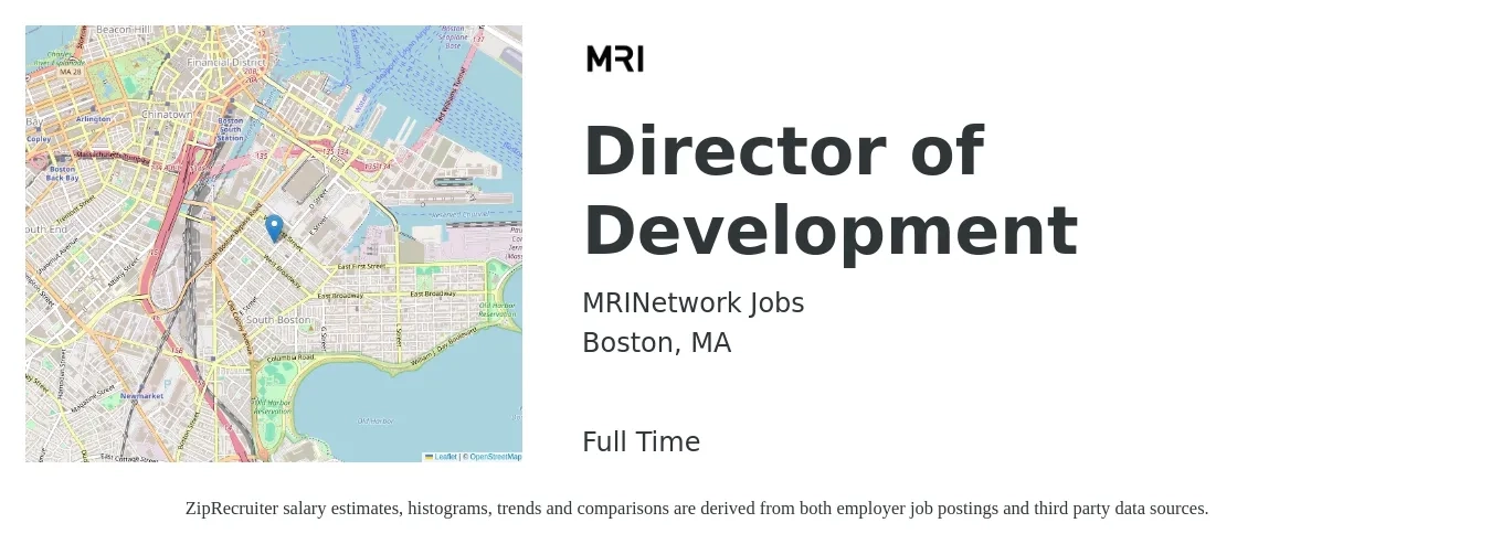 MRINetwork Jobs job posting for a Director of Development in Boston, MA with a salary of $76,000 to $117,900 Yearly with a map of Boston location.
