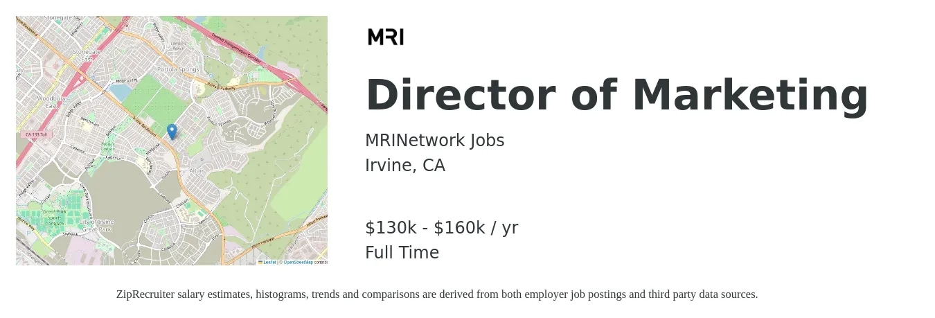 MRINetwork Jobs job posting for a Director of Marketing in Irvine, CA with a salary of $130,000 to $160,000 Yearly with a map of Irvine location.