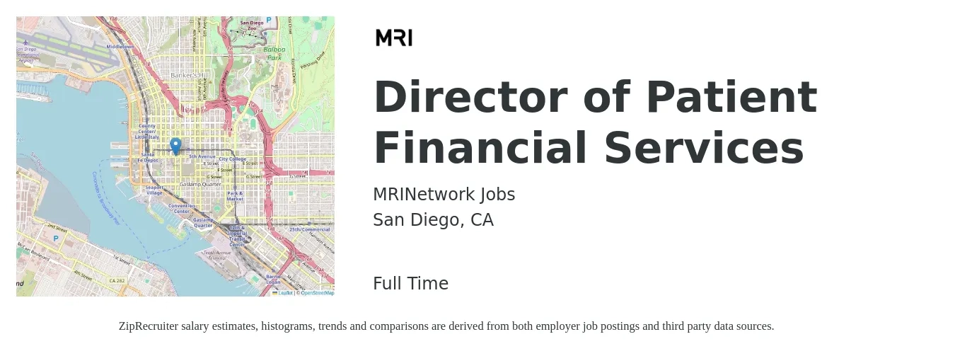 MRINetwork Jobs job posting for a Director of Patient Financial Services in San Diego, CA with a salary of $95,600 to $110,900 Yearly with a map of San Diego location.