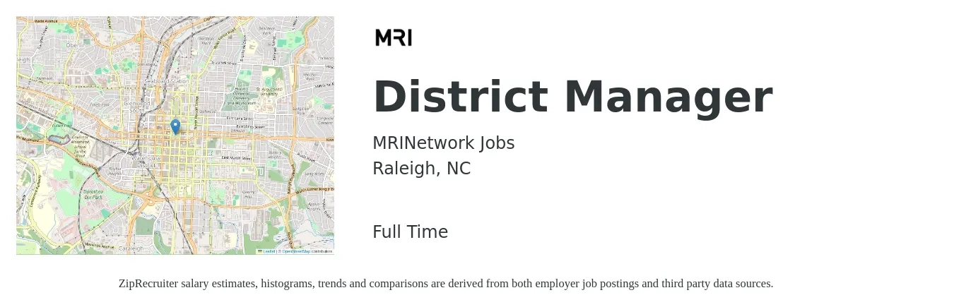 MRINetwork Jobs job posting for a District Manager in Raleigh, NC with a salary of $62,700 to $89,400 Yearly with a map of Raleigh location.