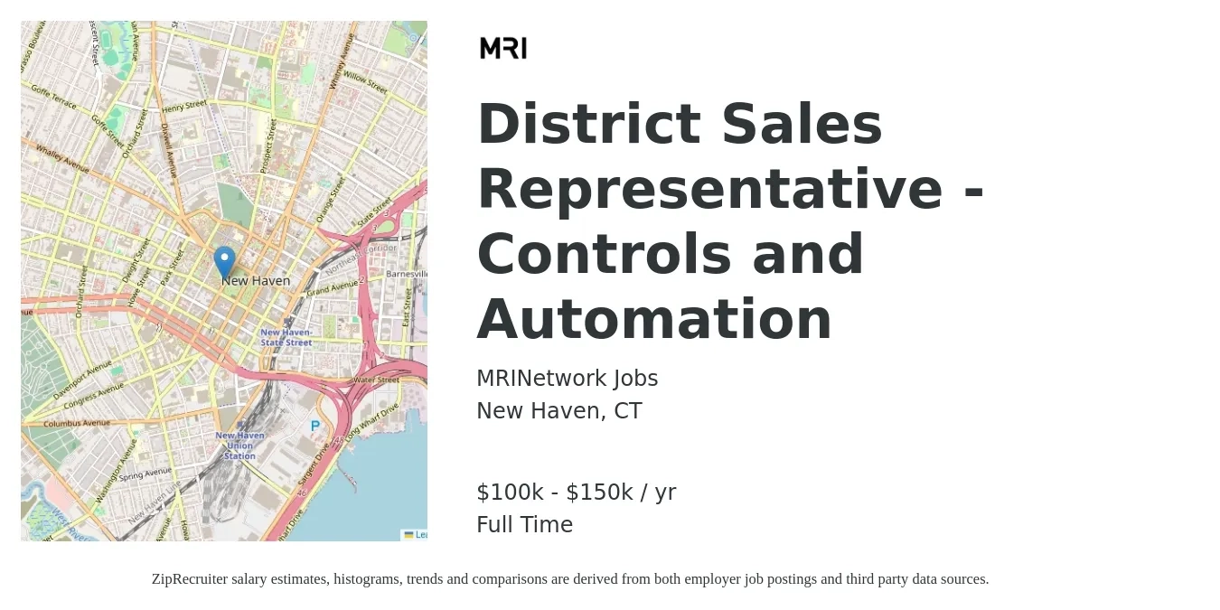 MRINetwork Jobs job posting for a District Sales Representative - Controls and Automation in New Haven, CT with a salary of $100,000 to $150,000 Yearly with a map of New Haven location.