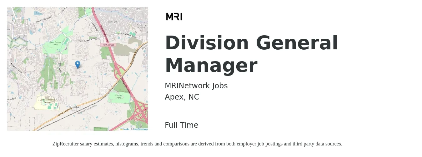 MRINetwork Jobs job posting for a Division General Manager in Apex, NC with a salary of $45,700 to $68,300 Yearly with a map of Apex location.