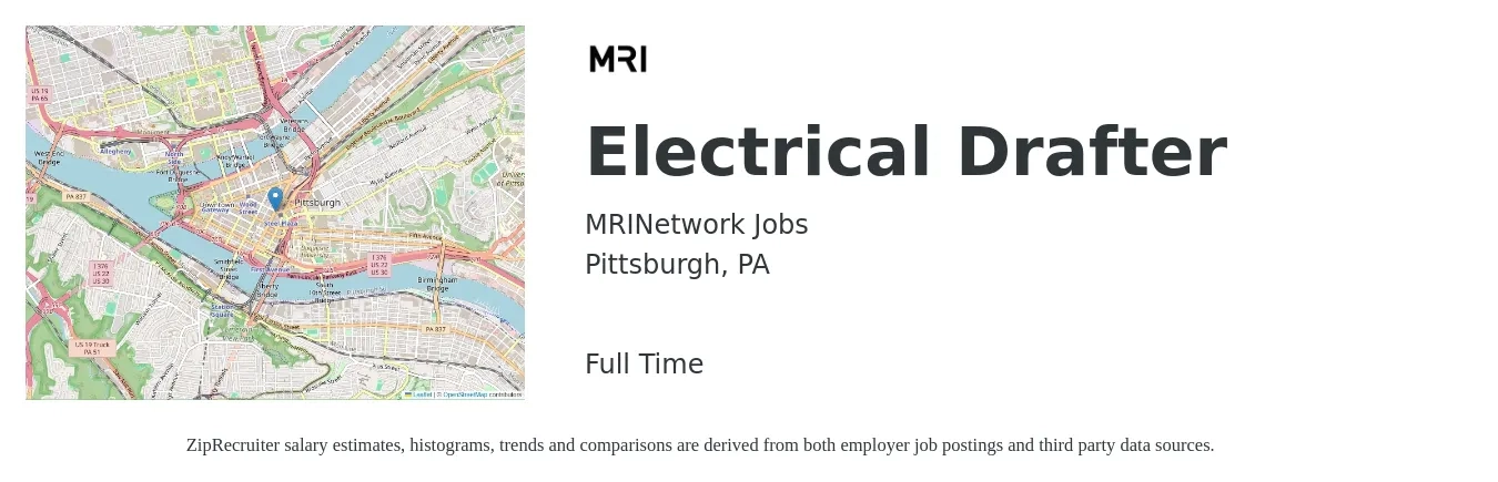 MRINetwork Jobs job posting for a Electrical Drafter in Pittsburgh, PA with a salary of $25 to $32 Hourly with a map of Pittsburgh location.