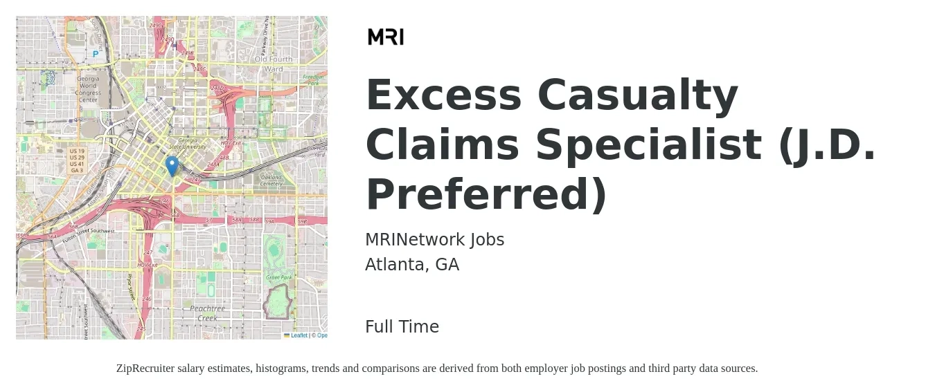 MRINetwork Jobs job posting for a Excess Casualty Claims Specialist (J.D. Preferred) in Atlanta, GA with a salary of $18 to $26 Hourly with a map of Atlanta location.