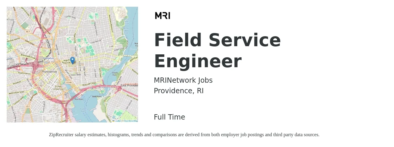 MRINetwork Jobs job posting for a Field Service Engineer in Providence, RI with a salary of $57,600 to $85,400 Yearly with a map of Providence location.