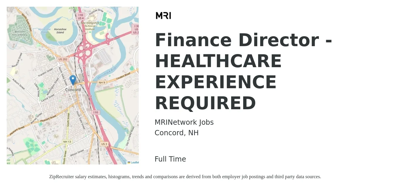 MRINetwork Jobs job posting for a Finance Director - HEALTHCARE EXPERIENCE REQUIRED in Concord, NH with a salary of $101,200 to $154,000 Yearly with a map of Concord location.