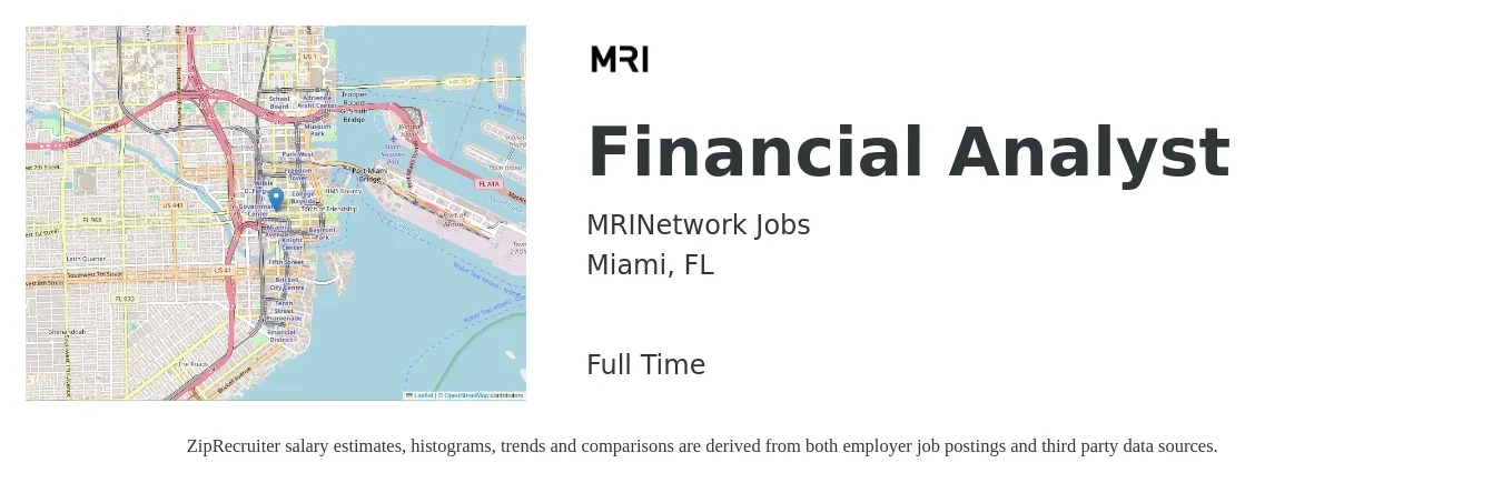 MRINetwork Jobs job posting for a Financial Analyst in Miami, FL with a salary of $67,000 to $105,700 Yearly with a map of Miami location.