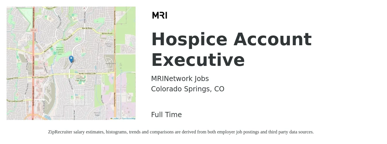 MRINetwork Jobs job posting for a Hospice Account Executive in Denver, CO with a salary of $55,600 to $97,800 Yearly with a map of Denver location.
