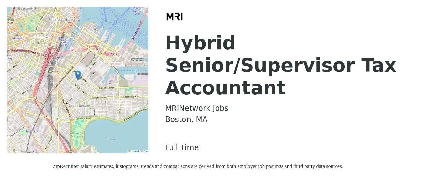 MRINetwork Jobs job posting for a Hybrid Senior/Supervisor Tax Accountant in Boston, MA with a salary of $89,100 to $114,100 Yearly with a map of Boston location.
