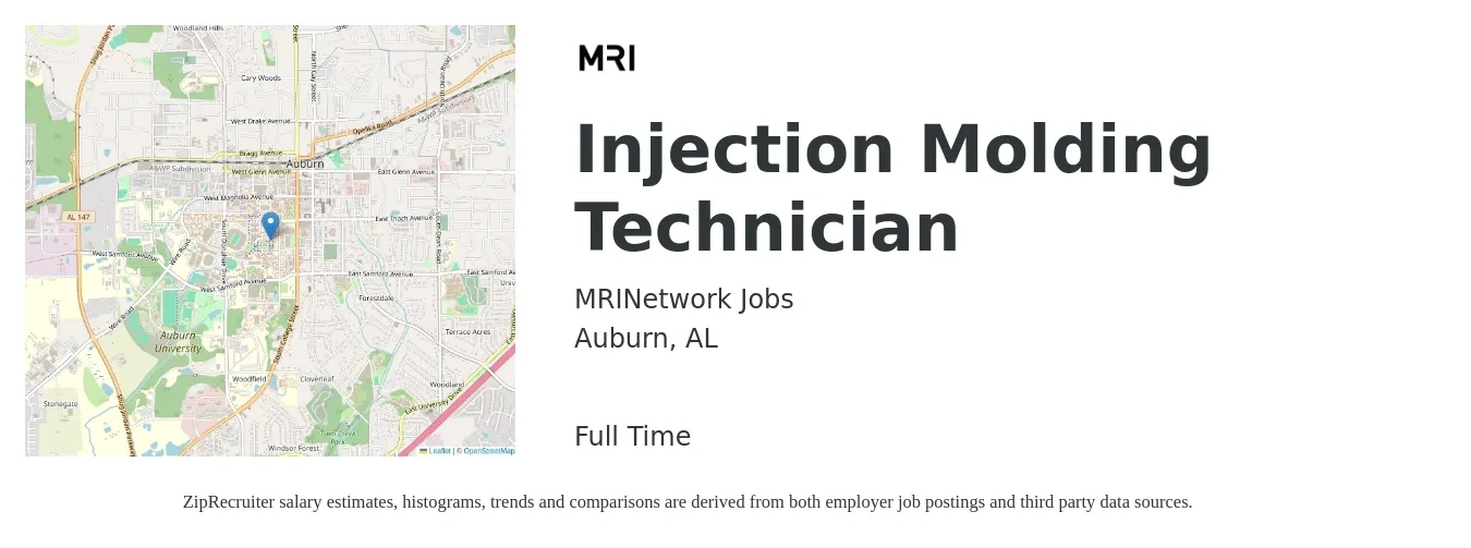 MRINetwork Jobs job posting for a Injection Molding Technician in Auburn, AL with a salary of $19 to $25 Hourly with a map of Auburn location.