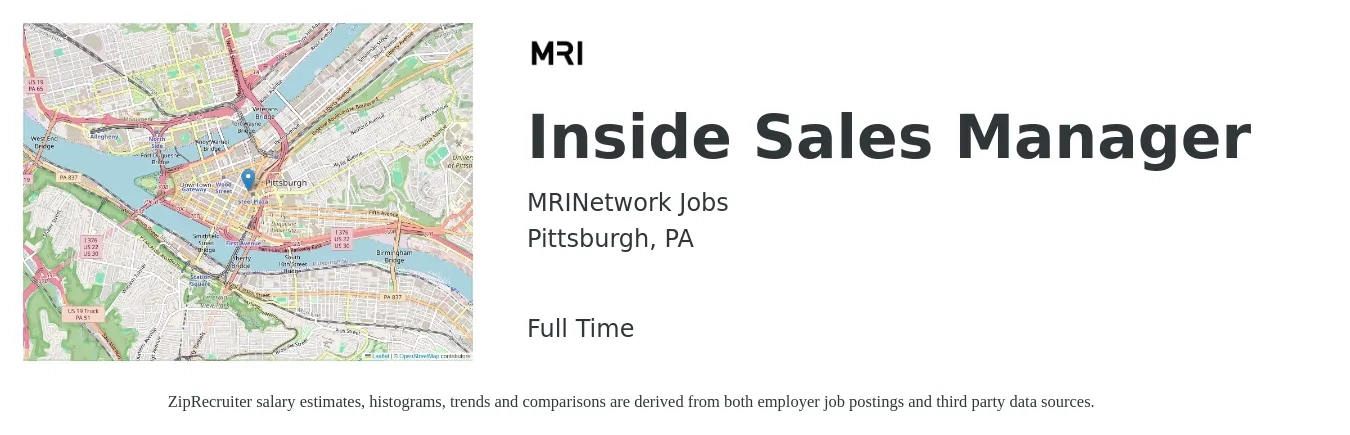 MRINetwork Jobs job posting for a Inside Sales Manager in Pittsburgh, PA with a salary of $57,300 to $82,500 Yearly with a map of Pittsburgh location.