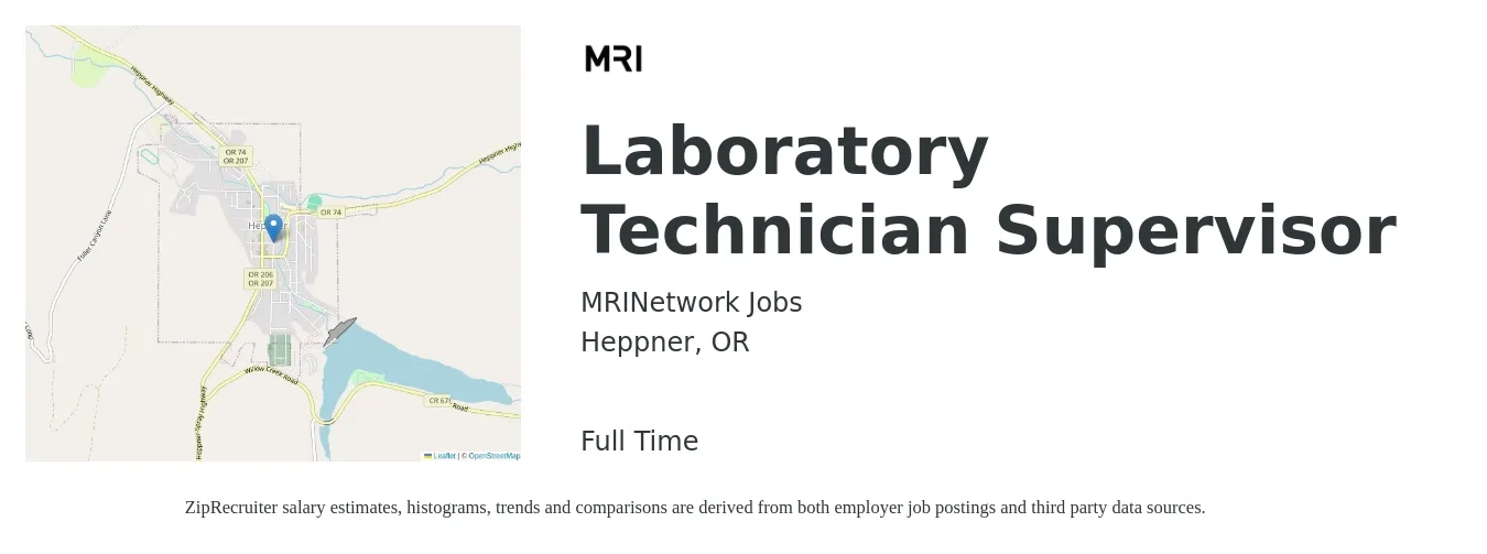 MRINetwork Jobs job posting for a Laboratory Technician Supervisor in Heppner, OR with a salary of $19 to $25 Hourly with a map of Heppner location.