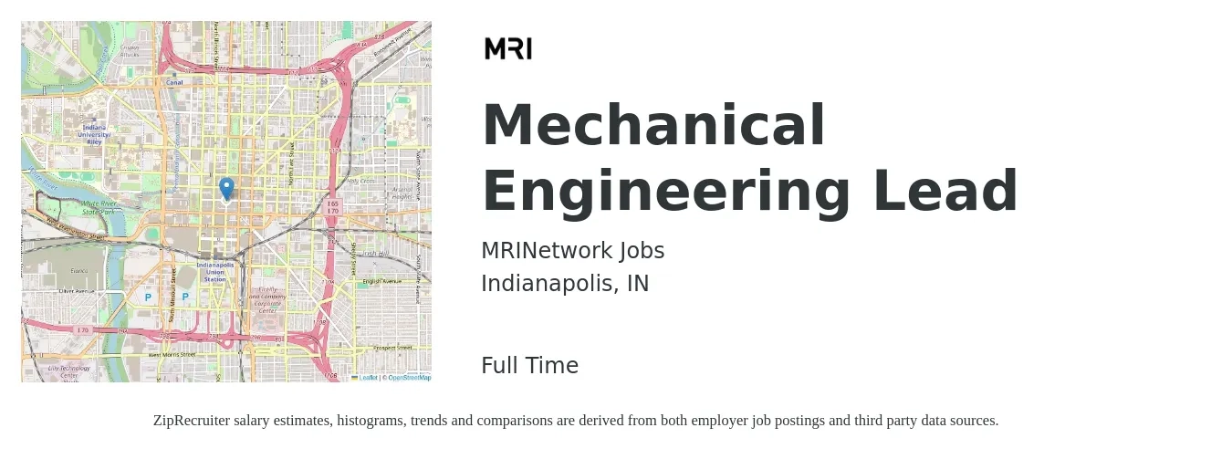MRINetwork Jobs job posting for a Mechanical Engineering Lead in Indianapolis, IN with a salary of $105,600 to $127,600 Yearly with a map of Indianapolis location.