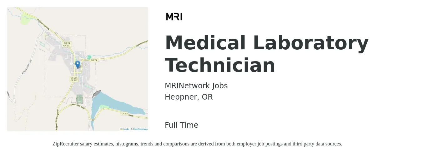 MRINetwork Jobs job posting for a Medical Laboratory Technician in Heppner, OR with a salary of $1,160 to $2,380 Weekly with a map of Heppner location.