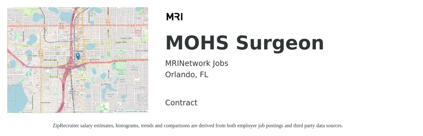 MRINetwork Jobs job posting for a MOHS Surgeon in Orlando, FL with a salary of $336,600 to $373,900 Yearly with a map of Orlando location.