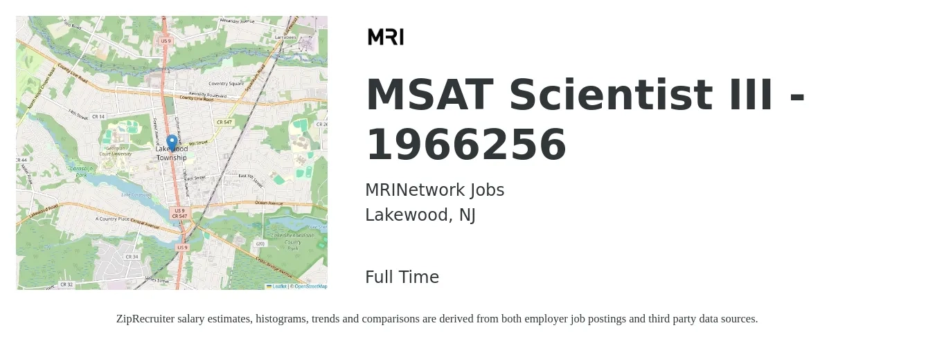 MRINetwork Jobs job posting for a MSAT Scientist III - 1966256 in Lakewood, NJ with a map of Lakewood location.