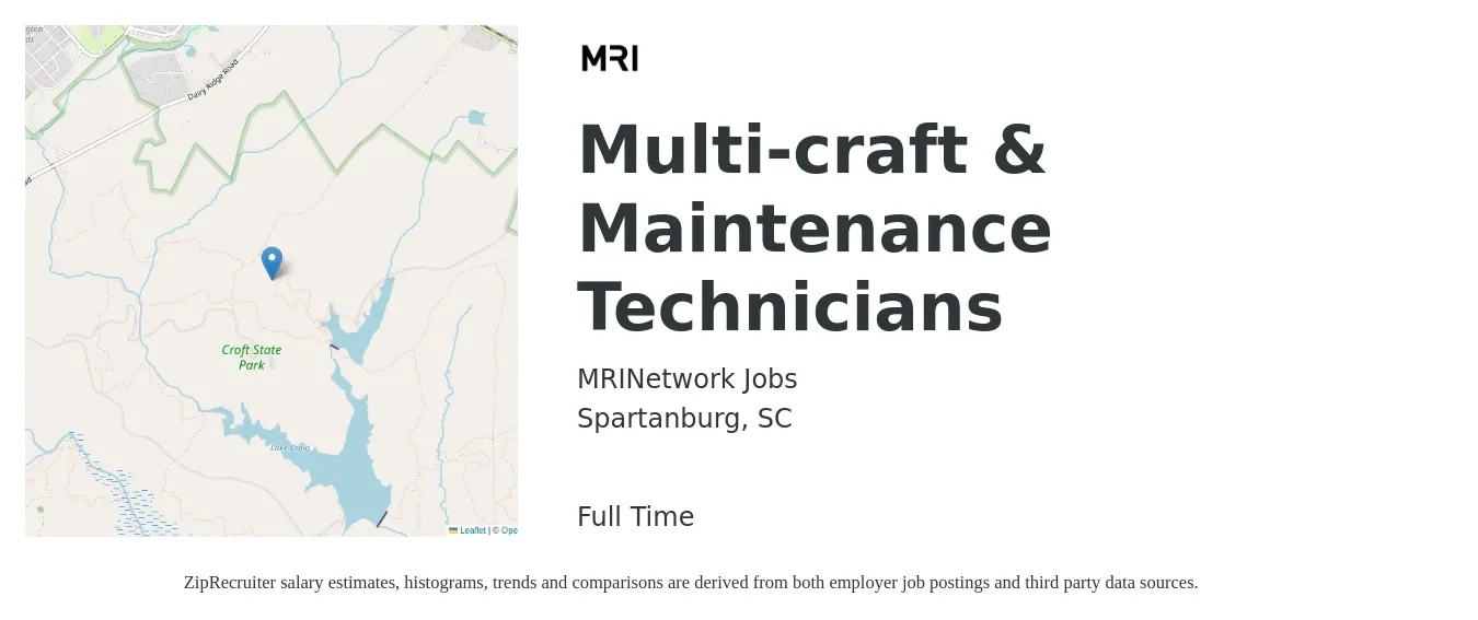 MRINetwork Jobs job posting for a Multi-craft & Maintenance Technicians in Spartanburg, SC with a salary of $26 to $31 Hourly with a map of Spartanburg location.