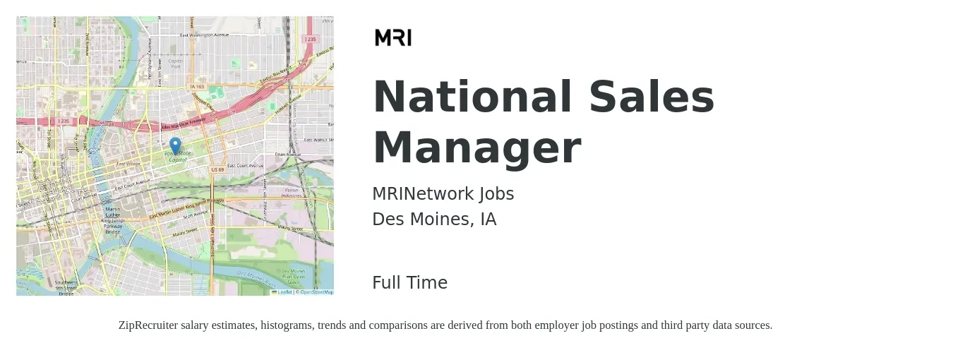MRINetwork Jobs job posting for a National Sales Manager in Des Moines, IA with a salary of $81,500 to $114,700 Yearly with a map of Des Moines location.