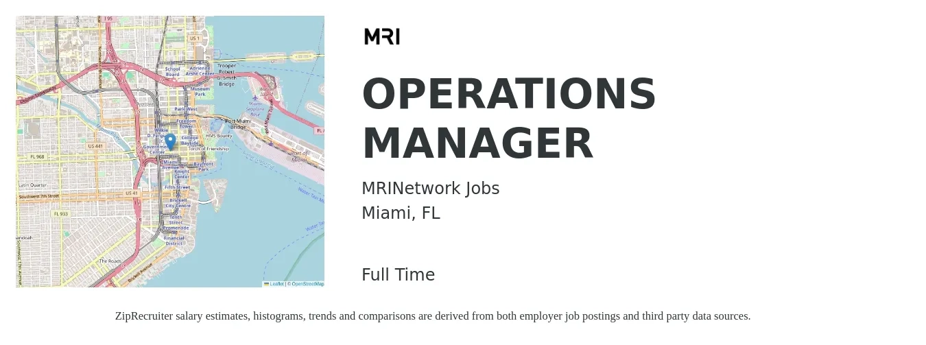 MRINetwork Jobs job posting for a OPERATIONS MANAGER in Miami, FL with a salary of $39,200 to $74,100 Yearly with a map of Miami location.