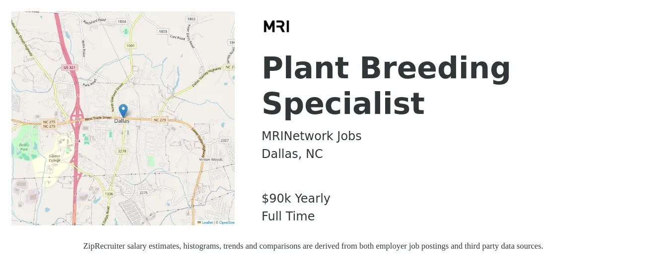 MRINetwork Jobs job posting for a Plant Breeding Specialist in Dallas, NC with a salary of $90,000 Yearly with a map of Dallas location.