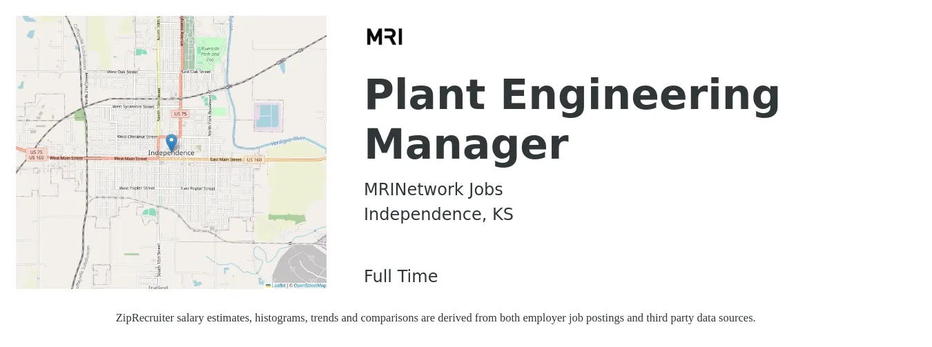 MRINetwork Jobs job posting for a Plant Engineering Manager in Independence, KS with a salary of $92,200 to $117,400 Yearly with a map of Independence location.