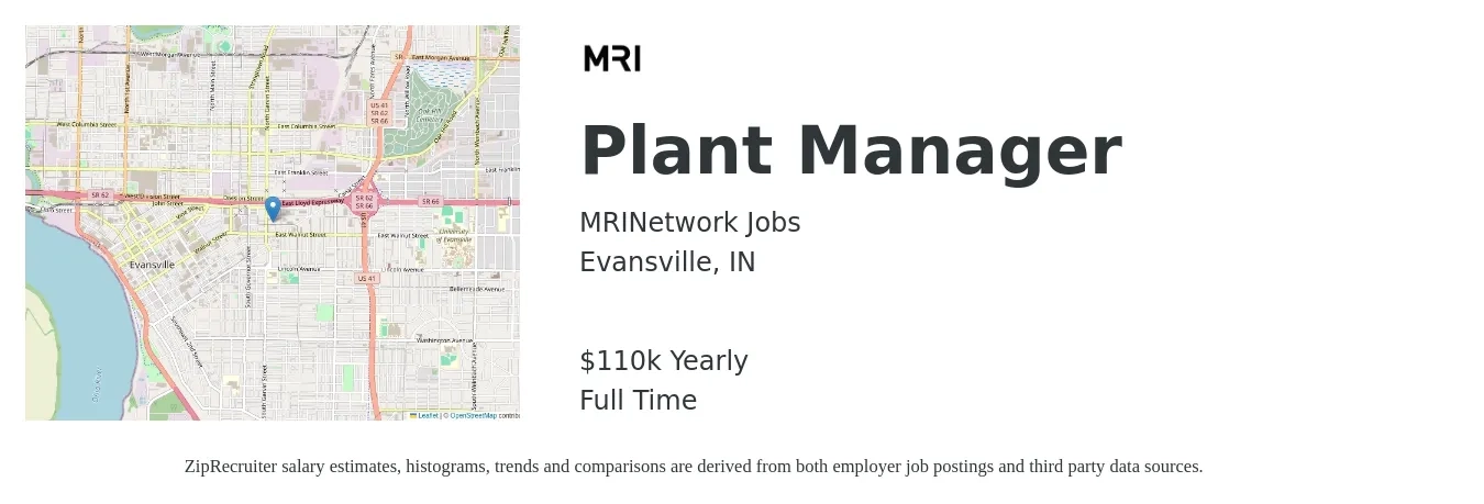 MRINetwork Jobs job posting for a Plant Manager in Evansville, IN with a salary of $110,000 Yearly with a map of Evansville location.