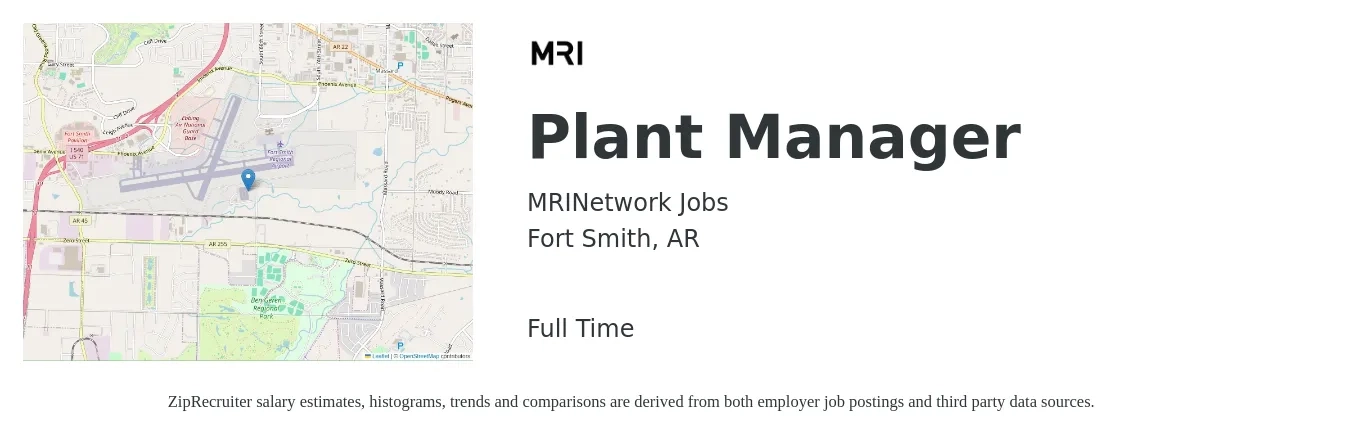 MRINetwork Jobs job posting for a Plant Manager in Fort Smith, AR with a salary of $87,700 to $135,400 Yearly with a map of Fort Smith location.
