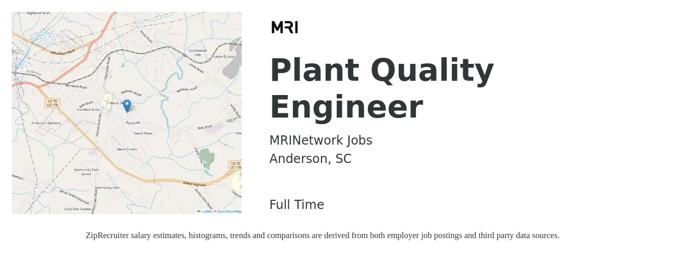 MRINetwork Jobs job posting for a Plant Quality Engineer in Anderson, SC with a salary of $62,600 to $80,900 Yearly with a map of Anderson location.