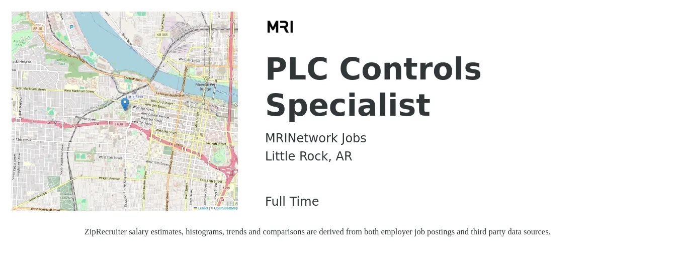 MRINetwork Jobs job posting for a PLC Controls Specialist in Little Rock, AR with a salary of $74,600 to $95,600 Yearly with a map of Little Rock location.