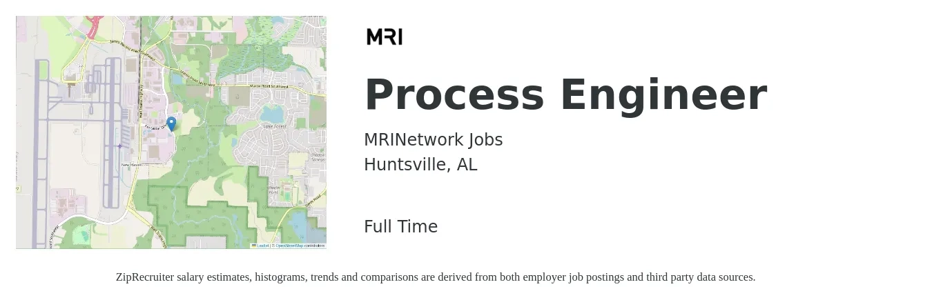 MRINetwork Jobs job posting for a Process Engineer in Huntsville, AL with a salary of $73,400 to $101,500 Yearly with a map of Huntsville location.