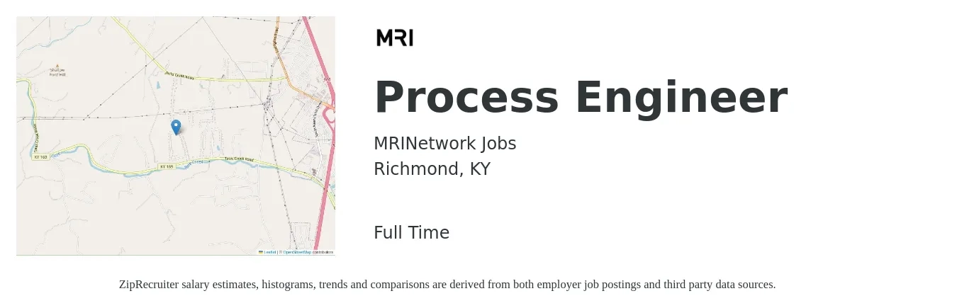 MRINetwork Jobs job posting for a Process Engineer in Richmond, KY with a salary of $60,200 to $83,200 Yearly with a map of Richmond location.