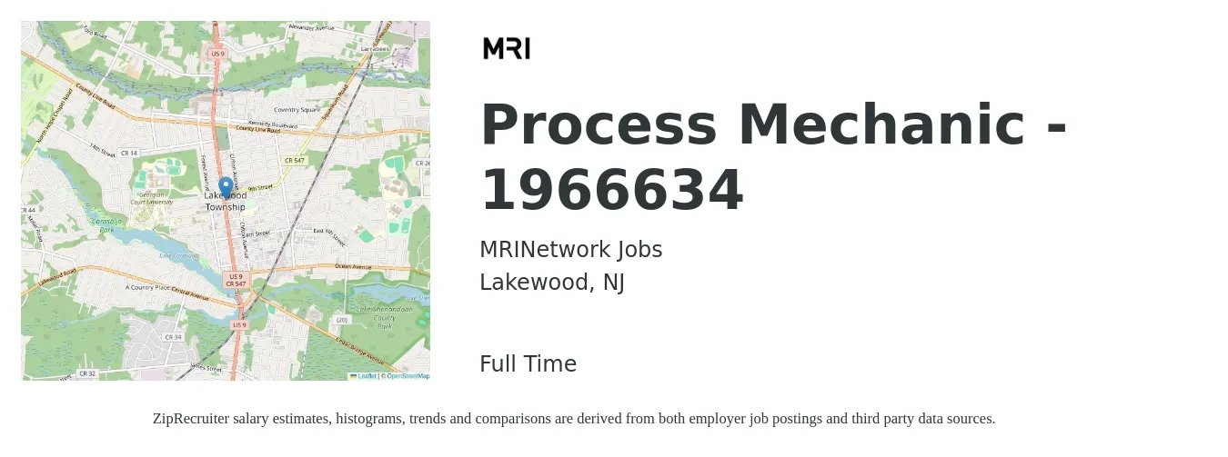 MRINetwork Jobs job posting for a Process Mechanic - 1966634 in Lakewood, NJ with a salary of $22 to $32 Hourly with a map of Lakewood location.