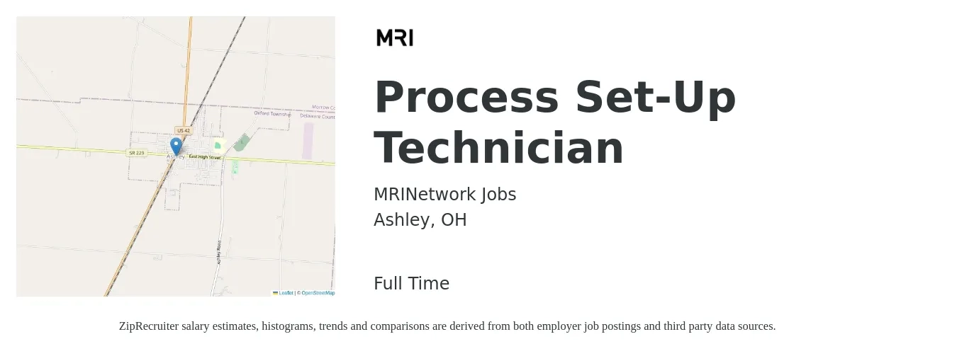 MRINetwork Jobs job posting for a Process Set-Up Technician in Ashley, OH with a salary of $21 to $30 Hourly with a map of Ashley location.