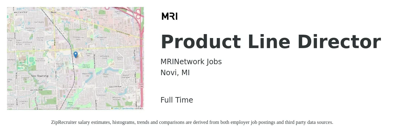 MRINetwork Jobs job posting for a Product Line Director in Novi, MI with a salary of $146,000 to $179,500 Yearly with a map of Novi location.