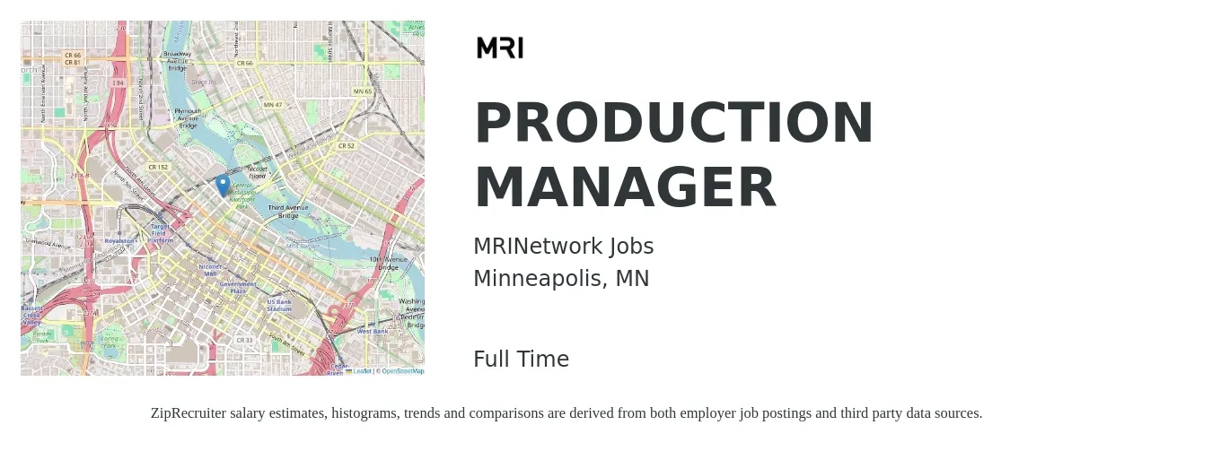 MRINetwork Jobs job posting for a PRODUCTION MANAGER in Minneapolis, MN with a salary of $58,500 to $84,000 Yearly with a map of Minneapolis location.