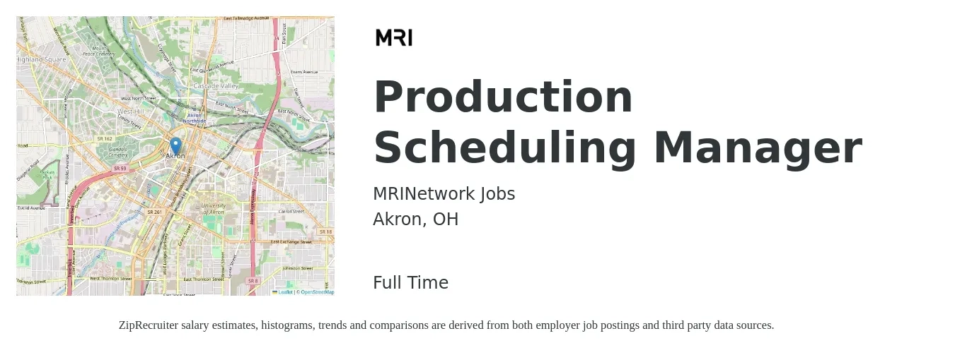 MRINetwork Jobs job posting for a Production Scheduling Manager in Akron, OH with a salary of $38,300 to $71,300 Yearly with a map of Akron location.